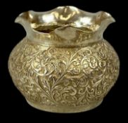 EASTERN WHITE METAL CIRCULAR POT / KALASH, with crimped border, body repoussé decoration of