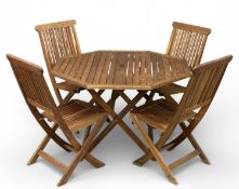 MODERN HARDWOOD GARDEN FURNITURE, comprising a hexagonal shaped folding table, 70 (h) x 110 (w) x