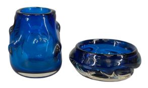 WHITEFRIARS KINGFISHER BLUE 'KNOBBLY' VASE, 13cms (h); and a similar ashtray, 14cms (diam.)