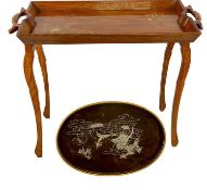 RECTANGULAR HARDWOOD BED TRAY with brass floral inlay, folding base, 66 x 35cms; and an oval Chinese