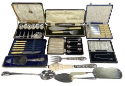 VARIOUS CUTLERY, including cased silver-handled cake slice, cased set of fish servers, pair of