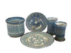 ANVIL POTTERY, comprising jardinière with diamond pattern incised decoration, 14cms (h); circular