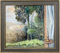 ‡ FELICITY CHARLTON (1913-2009) oil on board - open window with candlestick on table, view of bay