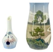 ROYAL COPENHAGEN VASE, decorated with a country landscape, 20.5cms (h); and a posy vase decorated