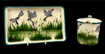 GRISELDA HILL WEMYSS POTTERY decorated with dragonflies, a rectangular pin tray, 11 x 18cms, and a