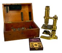 R. WASSERLEIN, BERLIN LACQUERED BRASS MICROSCOPE, c. 1870, with lenses and refractors, in fitted