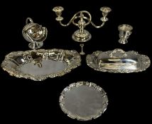 BUTTER DISH WITH GLASS LINER & COVER, helmet-shaped sugar basin, twin-branch candelabra, and card