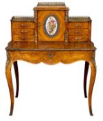 LOUIS XVI STYLE BONHEUR DE JOUR, gilt metal mounts throughout, galleried top, porcelain centre