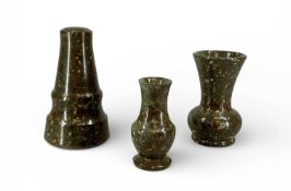 CORNISH SERPENTINE STONE, two vases, 13.5cms (h) the largest, and lamp base, 17cms (h) Provenance: