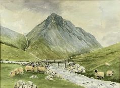 GWEN CRITCHLOW (British, 20th century) watercolour - lakeland mountain with sheep and bridge in