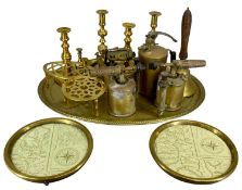 COLLECTABLE BRASSWARE, including large oval tray with bead rim, five pairs of candlesticks, two