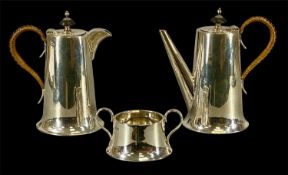 GEORGE V SILVER COFFEE POT & MATCHING HOT WATER POT of tapered circular form, hinged covers with