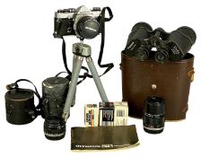 CAMERAS & ACCESSORIES including Olympus OM10 SLR with three lenses, tripod, and various rolls of
