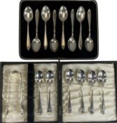 SILVER CUTLERY, cased set of eight teaspoons, cased set of six teaspoons, and silver sugar nips,