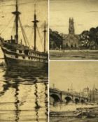 ROBERT HOUSTON black and white etchings - three-masted sailing ship, 15.5 x 11.5cms and church view,