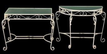 TWO METAL & GLASS HALL TABLES, a half-moon table, 67 (h) x 90 (w) x 39cms (d); and an oblong