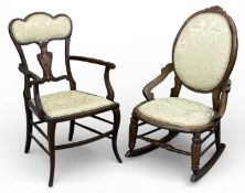 TWO ANTIQUE CHAIRS, similarly upholstered, one a rocker, the other with inlay (2) Provenance: