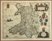 JOAN BLAEU HAND-COLOURED ENGRAVED MAP OF WALES, c. 1646, 41.5 x 53cms Provenance: private collection