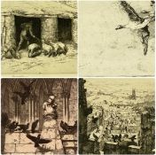 GEORGE MARPLES (1869-1939) four drypoint etchings - 'The Sheepfold', 16.5 x 25cms, 'The Jackdaw of