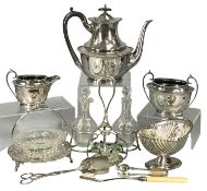 PLATE WARE, including Walker & Hall three-piece tea service, shell-form dish with swing handle,