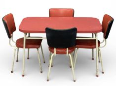 MID-CENTURY FORMICA & METAL KITCHEN TABLE & CHAIRS, coloured red, table 76 (h) x 121 (w) x 68cms (