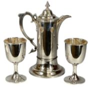 WALKER & HALL EPBM CLARET JUG, 31cms (h); and a pair of Walker & Hall EPBM goblets, 16.5cms (h)