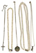 ASSORTED JEWELLERY, including 9ct gold crucifix, gold tone locket set with stones, lotus simulated