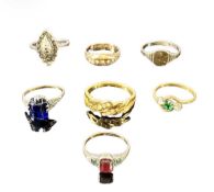 VARIOUS DRESS RINGS, including a yellow metal stone-set openwork ring, silver and marcasite