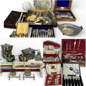 LARGE ASSORTMENT OF SILVER-PLATED CUTLERY, including cased canteen, dessert knives and forks with