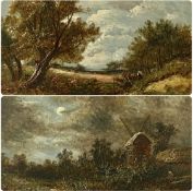 LATE 19TH CENTURY BRITISH SCHOOL pair of oils on canvas - view of a windmill with figure in