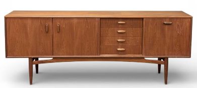 G PLAN MID-CENTURY TEAK TYPE SIDEBOARD with four drawers, two cupboard doors, and a drop-down