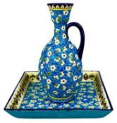 LONGWY FAIENCE POTTERY square tray with colourful floral design to the centre and stylised border,