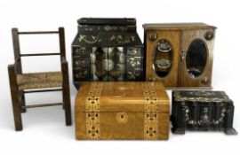 SMALL WOODEN DOLL'S CHAIR with rush seat, together with various boxes including oriental lacquered