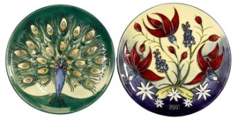 TWO MOORCROFT CALENDAR PLATES, 2001 'Hibiscus' and 1994 'Peacock', 22cms (diam.), boxed