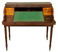 EDWARDIAN ROLL-TOP DESK with fitted interior, two drawers, and on turned and tapered supports and