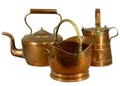 MASSIVE 19TH CENTURY CIRCULAR COPPER KETTLE with lid, 41cms (h); copper water can with swing handle,