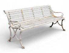 GARDEN BENCH with scrolled cast metal ends, white painted wooden slats, labelled 'Robert Hall &