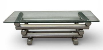 CONTEMPORARY DESIGNER CHROME & GLASS COFFEE TABLE having stepped tubular base, 30 (h) x 100 (w) x