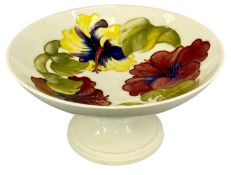 MOORCROFT HIBISCUS CIRCULAR COMPORT, impressed marks and paper label, 10 (h) x 19cms (diam.)