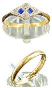 18CT YELLOW GOLD & PLATINUM SAPPHIRE & DIAMOND RING, size P, 1.8g; with a 9ct gold wedding band,
