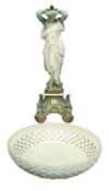 19TH CENTURY MINTONS PORCELAIN CENTREPIECE, circular reticulated bowl, figural column to the base