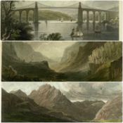 THREE 19TH CENTURY HAND-COLOURED ENGRAVINGS, comprising W.H. BARLETT 'The Menai Bridge, Bangor',