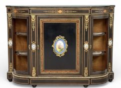 FINE VICTORIAN EBONISED CREDENZA with gilt metal mounts throughout and central porcelain plaque, 107