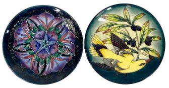 TWO MOORCROFT CALENDAR PLATES, 2003 'Golden Oriole' and 1996 'Morning Glory', 22cms (diam.), boxed