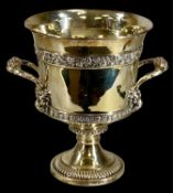 GEORGE III SILVER TWIN-HANDLED WINE COOLER, with bands of flowers, grape cast handles with lion mask
