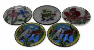 FIVE COLOURFUL & CIRCULAR STAINED GLASS PANELS having various images, 51cms (diam.) the largest