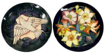 TWO MOORCROFT CALENDAR PLATES, 2002 'Golden Jubilee' and 1993 'Dove', 22cms (diam.), boxed