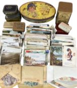 COLLECTION OF ANTIQUE, VINTAGE & LATER POSTCARDS, vintage tins, etc. Provenance: deceased estate