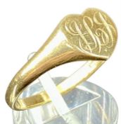 9CT GOLD HEART-SHAPED SIGNET RING, engraved with monogram, size W, 4.2g Provenance: deceased