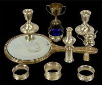 ASSORTED SILVER COLLECTABLES, including hand mirror with circular plate, three napkin rings, two-